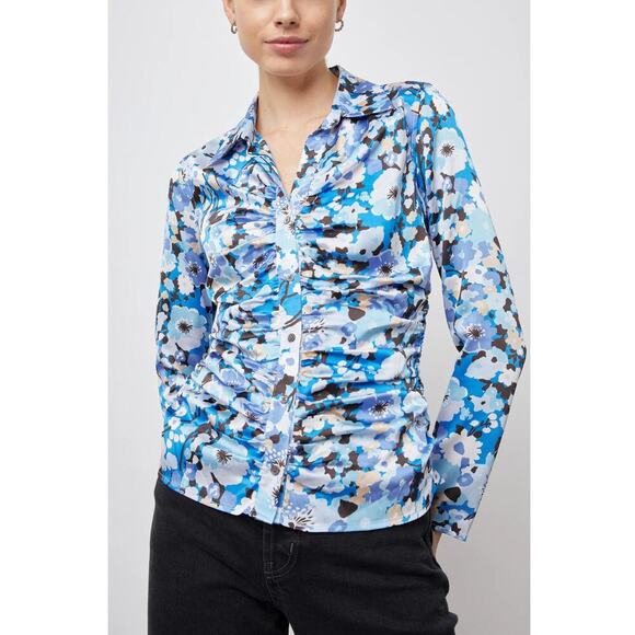 New Rails Lisa Ruched Floral Button Up Top Blouse Sz M Y2K 90s Retro Blue White - Picture 8 of 8